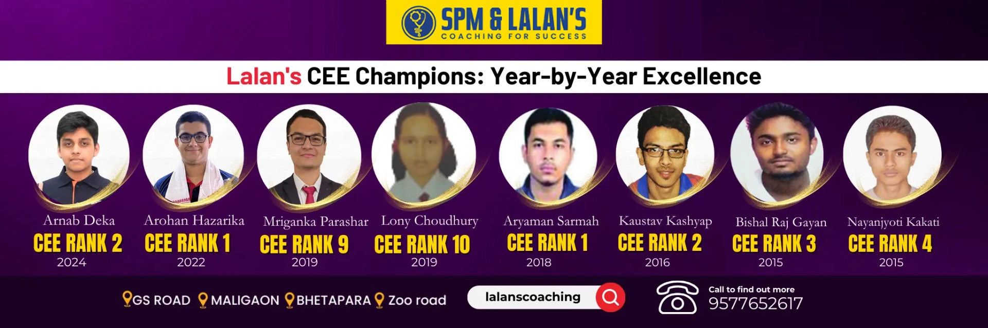 CEE rank holders from Lalan’s Coaching across multiple years highlighting top Assam results