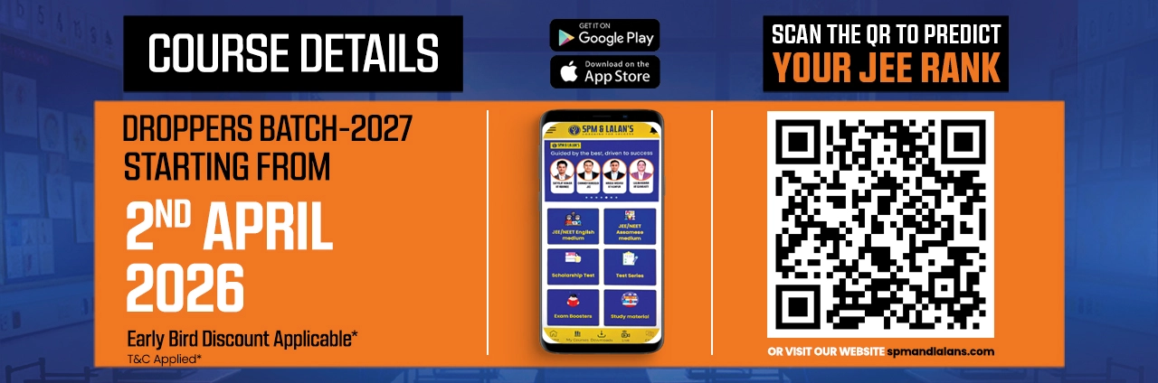 JEE calculator and rank predictor app banner with QR code, Dropper Batch 2027 course details and early bird discount