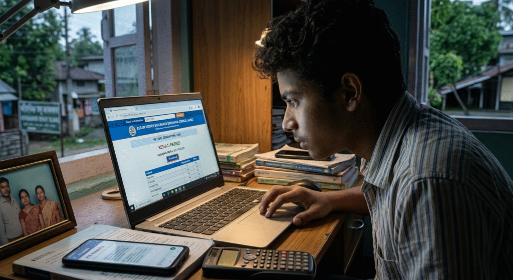 Student checking Assam HS Final Result 2026 online on laptop through official AHSEC website