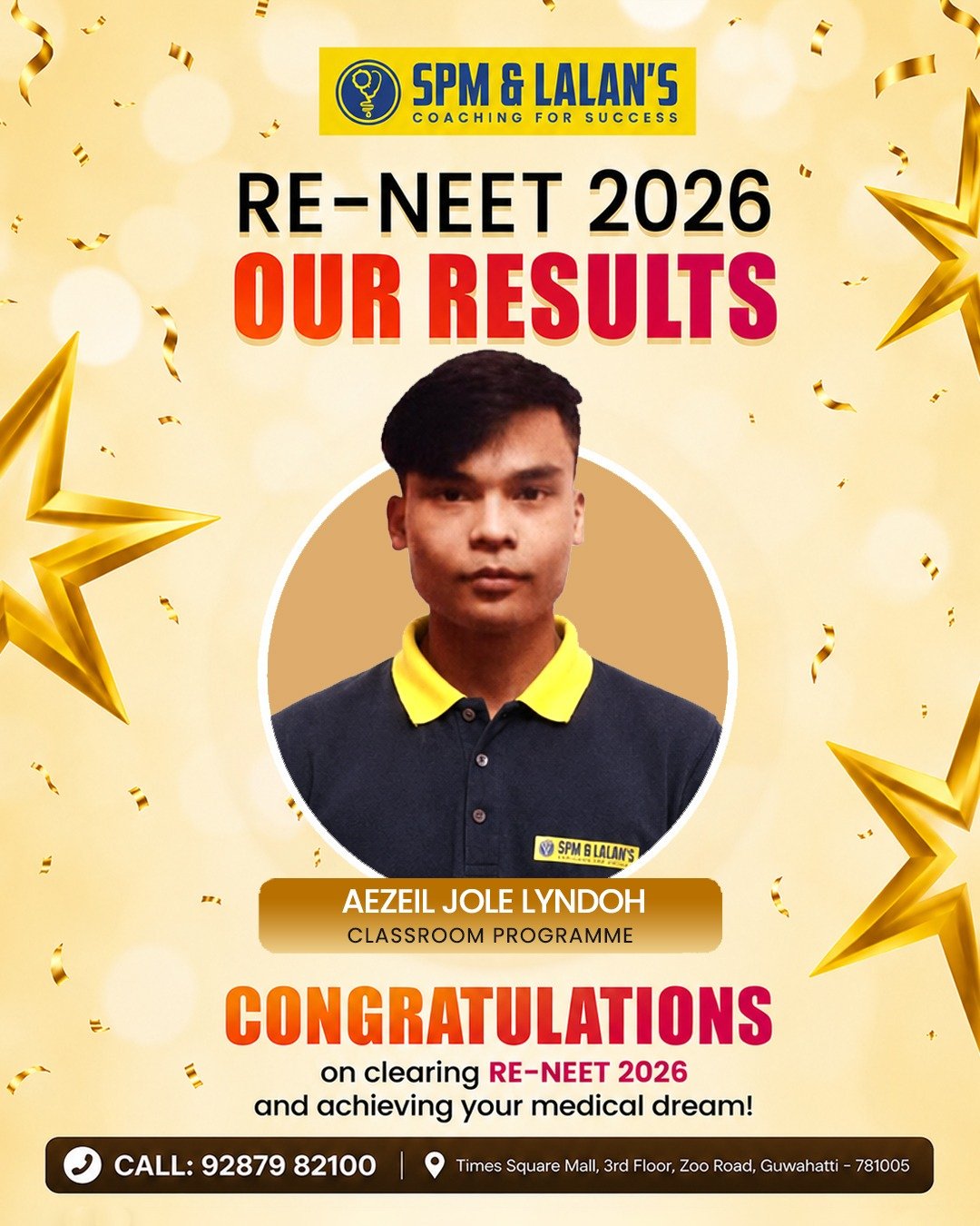 Aezeil Jole Lyndoh, NEET 2026 qualified student of SPM and Lalan's Coaching