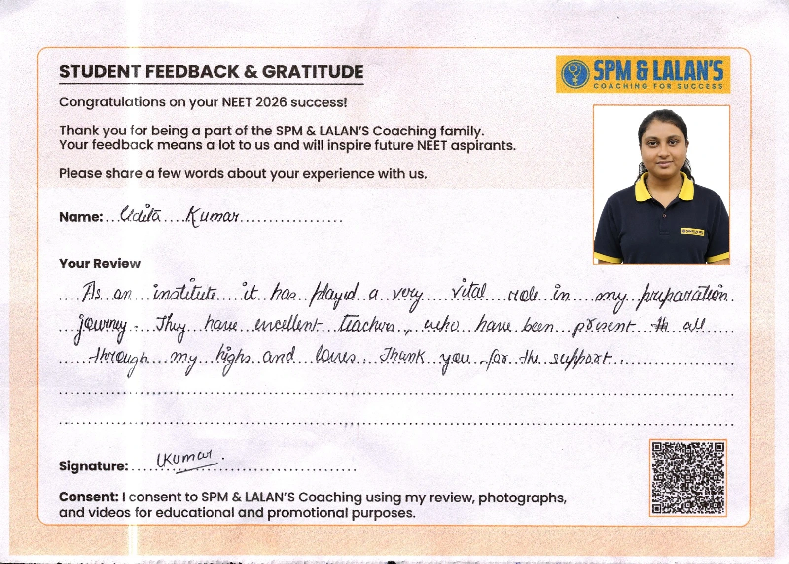 Handwritten feedback from a student of SPM and Lalan's Coaching