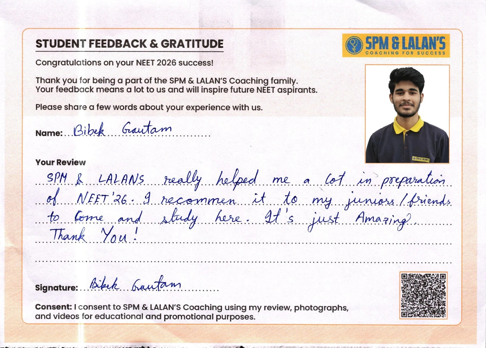 Handwritten student review for SPM and Lalan's Coaching