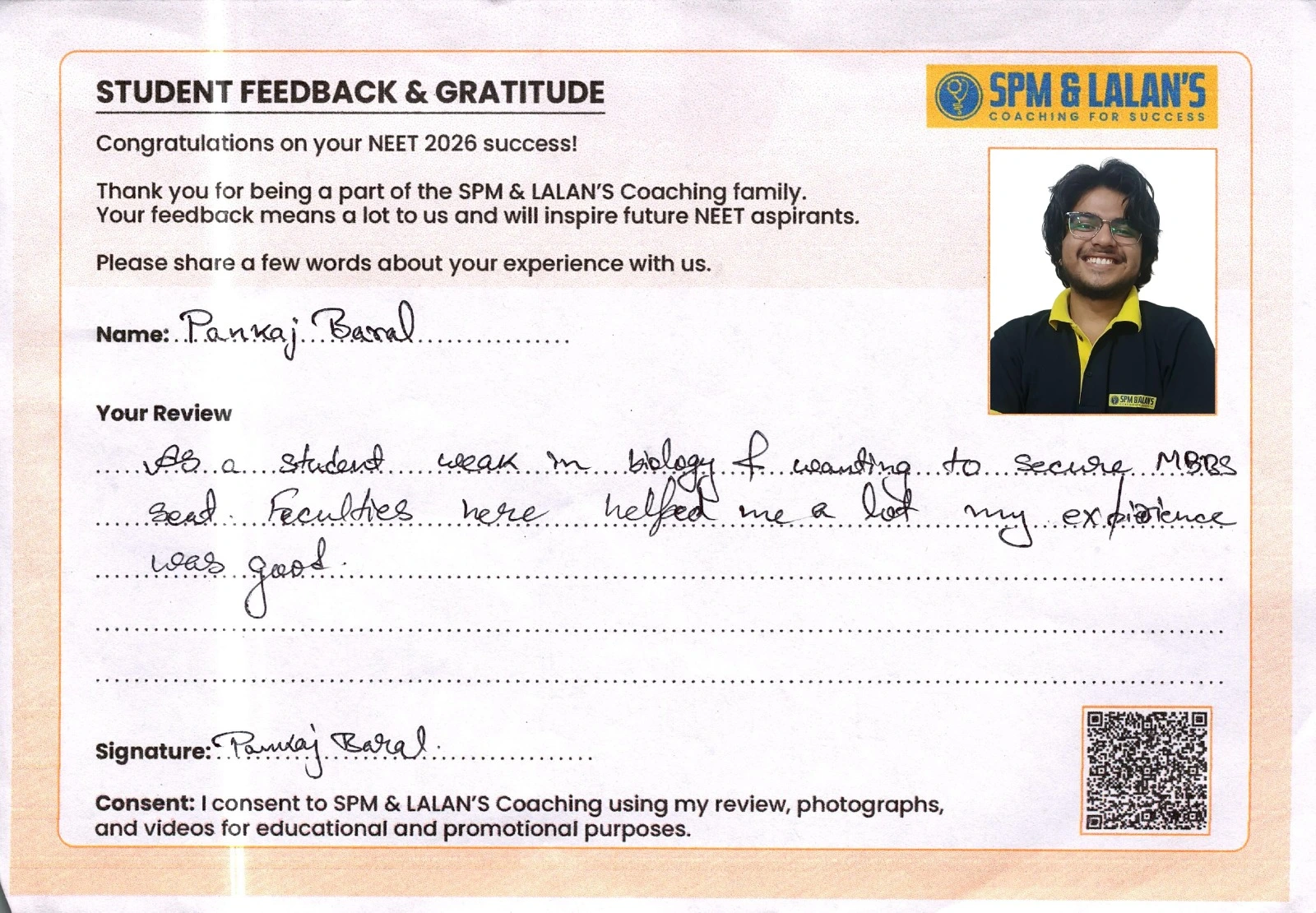 Handwritten student testimonial for SPM and Lalan's Coaching