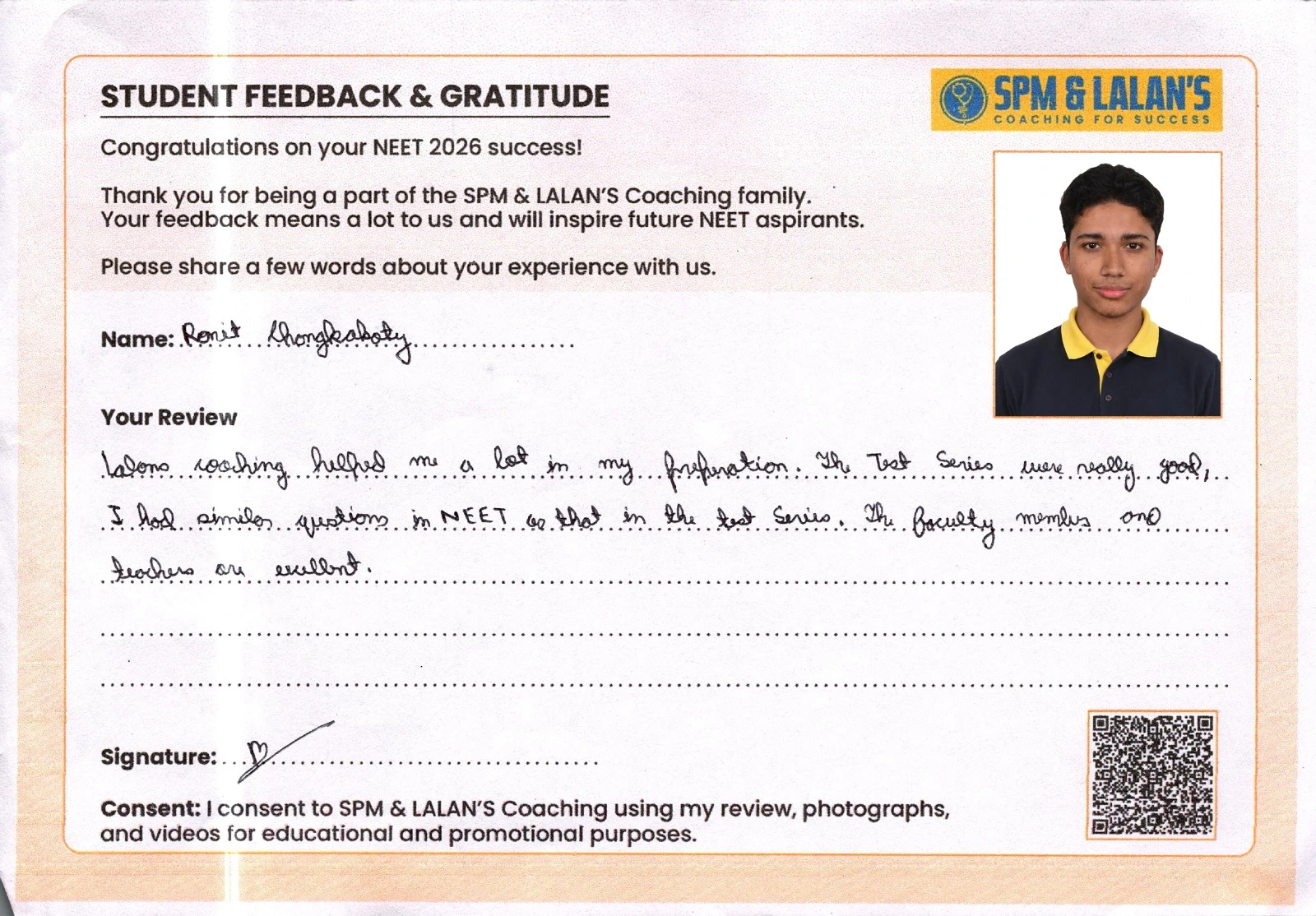 Student testimonial about NEET preparation at SPM and Lalan's Coaching