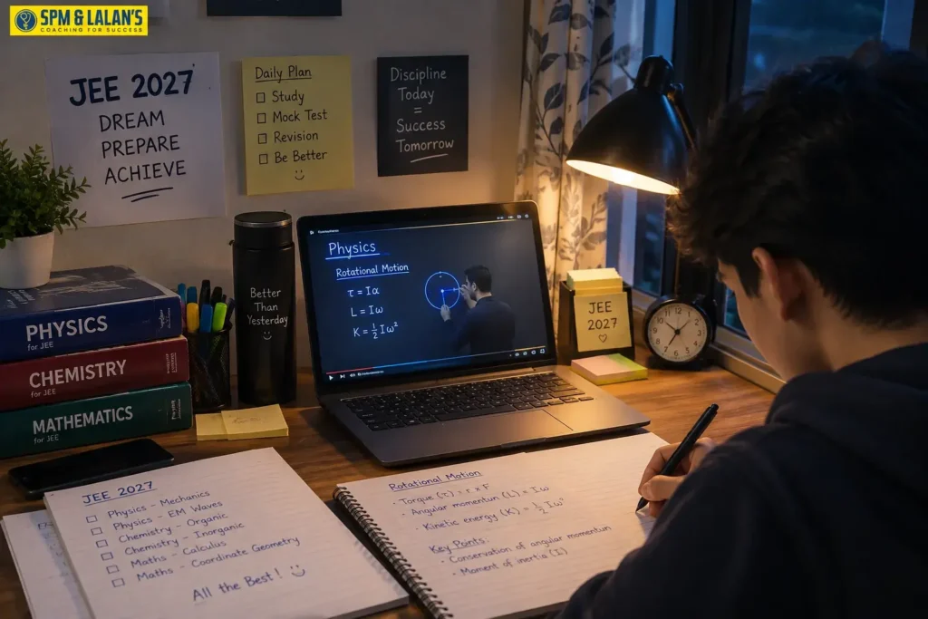 Student preparing for JEE Main 2027 exam with physics, chemistry and mathematics study materials