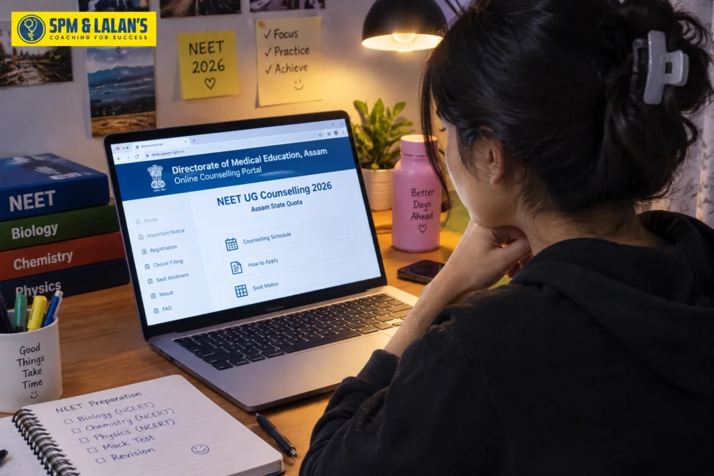 Student checking the Assam NEET UG Counselling 2026 schedule and registration process on a laptop at her study desk.
