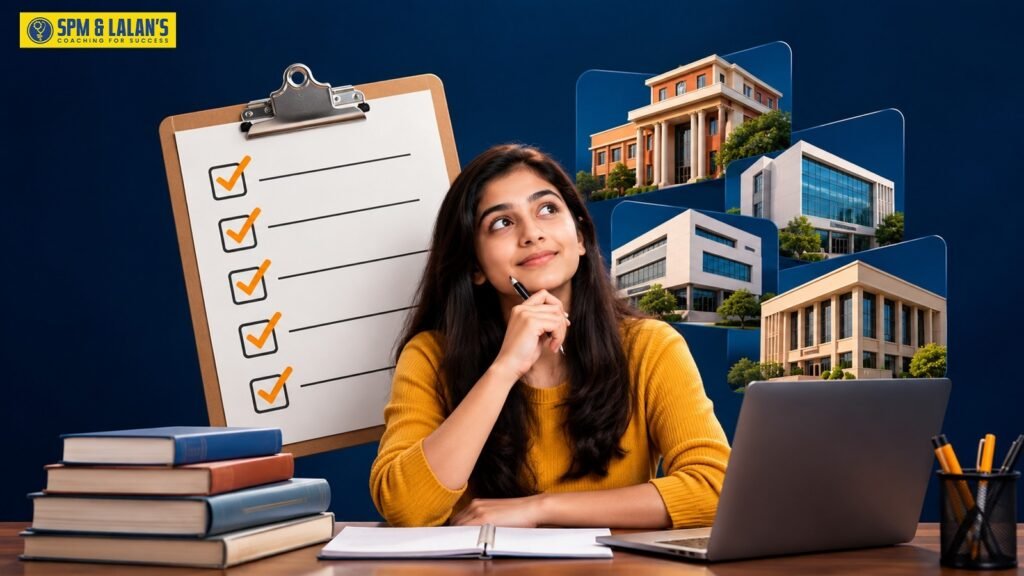 Student comparing NEET coaching institutes using a checklist, with study materials, a laptop, and educational campus buildings in the background.