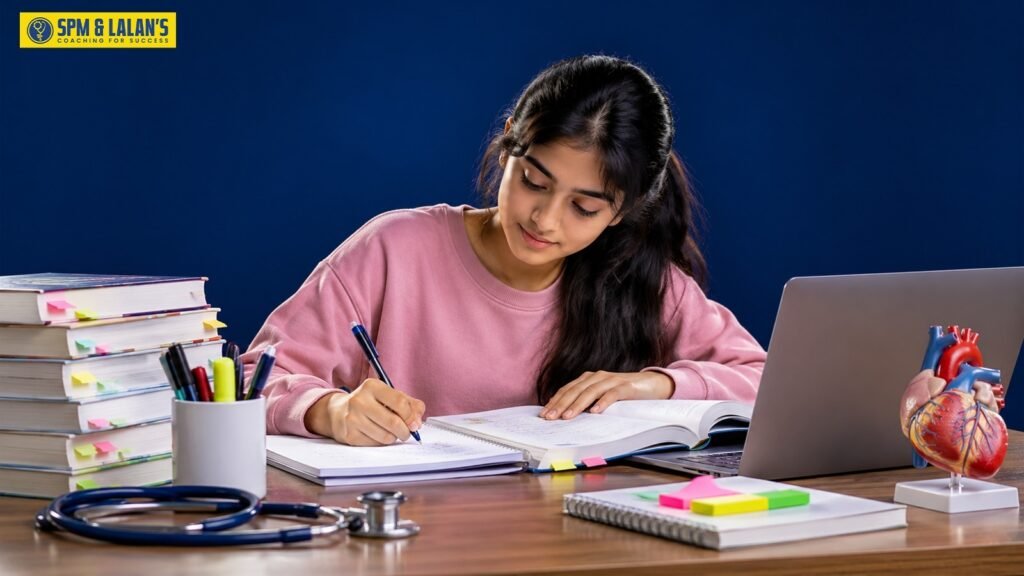 NEET dropper student studying Biology and taking notes with textbooks, a laptop, a stethoscope, and a human heart model on her desk.