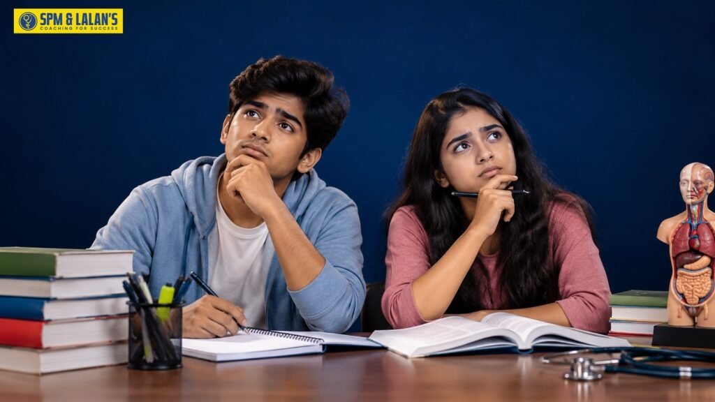 Class 11 and 12 students thinking through NEET preparation questions with textbooks, notebooks, and a human anatomy model on their study desk.