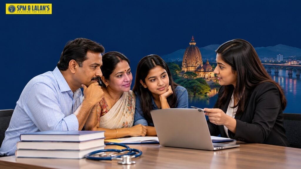Parents and their daughter discussing NEET coaching options with an admission counsellor in Guwahati, with a laptop, textbooks, and the city skyline in the background.
