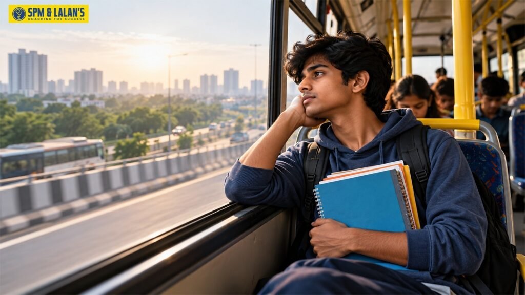 Student travelling by bus with study materials while commuting to IIT JEE coaching in Guwahati.